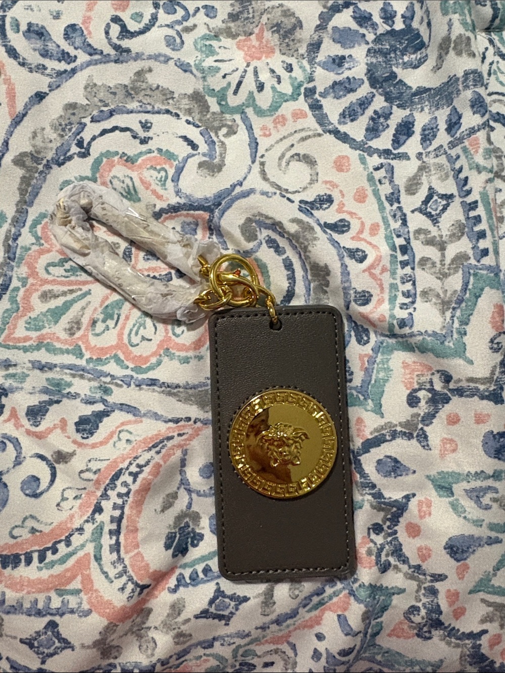 Versace Grey Leather Luggage Card Holder with Gold Medallion